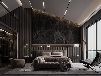 Elegant Bedroom Interior With Dark Marble Accent Wall Plush Bed And Leather Chair 3d model