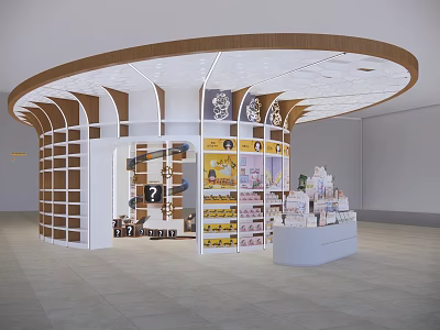 Modern Retail Kiosk With Curved Wooden Roof White Shelves And Product Displays 3d model