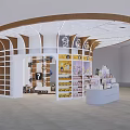Modern Retail Kiosk With Curved Wooden Roof White Shelves And Product Displays