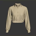 Beige Collared Cropped Shirt with Long Sleeves Button Front and Elastic Waist Design