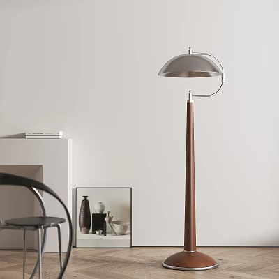 Modern Floor Lamp with Silver Shade and Wooden Stand in Living Room Interior 3d model