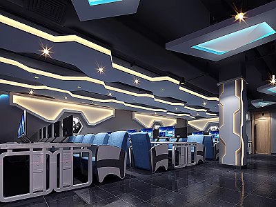 Modern Cyber Cafe Interior Design With Comfortable Seats Gaming Computers And Futuristic Lighting 3d model