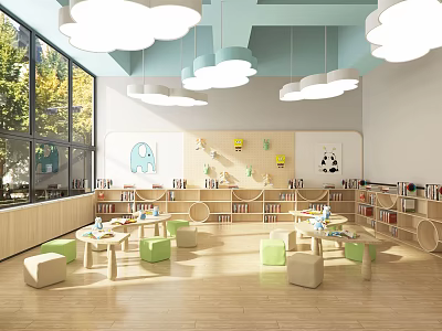 Bright Kindergarten Classroom With Cloud Shaped Lights Large Windows Bookshelves Round Tables And Wooden Flooring 3d model
