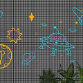 Decorative Lights With Rocket Stars Sun Moon UFO Planets On Grid Background And Plants