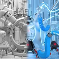 Futuristic Sci Fi Lab With Robot Mechanical Arms Blue Pipes Neon Lights And Circular Structure