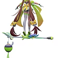 Game Movie Character with Green Yellow Outfit Twin Ponytails White Stockings and Leaf Decorated Weapon