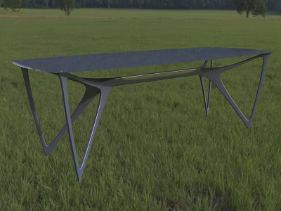 Modern Office Desk With Dark Surface And Unique Geometric Metal Legs Against Green Grass 3d model