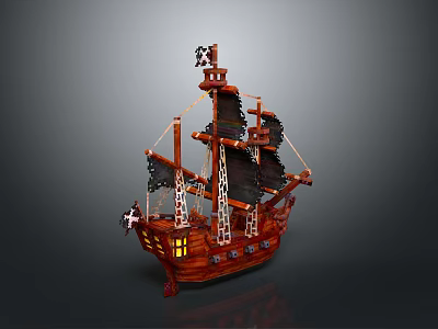 Wooden Pirate Ship Model With Black Sails And Skull Flag Detailed Design 3d model