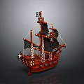Wooden Pirate Ship Model With Black Sails And Skull Flag Detailed Design