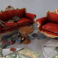 Ornate Red Leisure Sofa Set With Armchair Ottoman Coffee Table And Decorative Rugs
