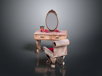 Antique Vanity Table With Ornate Oval Mirror Matching Stool And Decorative Items 3d model