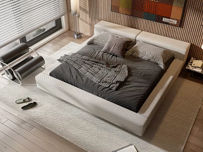 Modern Double Bed in Bedroom with Dark Bedding Wooden Floor and Decorative Elements 3d model