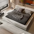 Modern Double Bed in Bedroom with Dark Bedding Wooden Floor and Decorative Elements