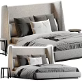 Modern Double Bed With Gray Upholstered Headboard White Gray Pillows And Side Stools 3d model