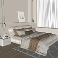 Cozy Modern Bedroom Interior Featuring Upholstered Headboard Layered Pillows Nightstand Decor And Window Blinds