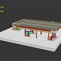 Modern Gas Station Building With Gray Roof Red Pillars And Fuel Dispensers