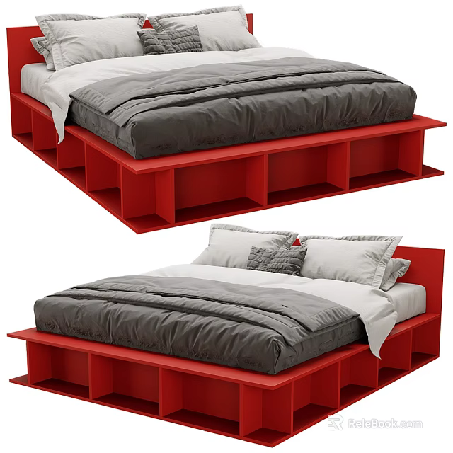 Red Wooden Pallet Double Bed Frame With Gray Comforter And White Pillows 3d model 