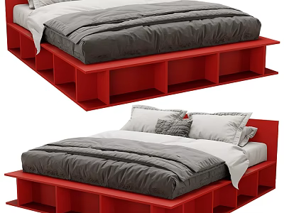 Red Wooden Pallet Double Bed Frame With Gray Comforter And White Pillows 3d model