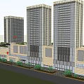 Modern Commercial Complex With High Rise Buildings Shopping Mall Green Areas Fountain And Parking Lot