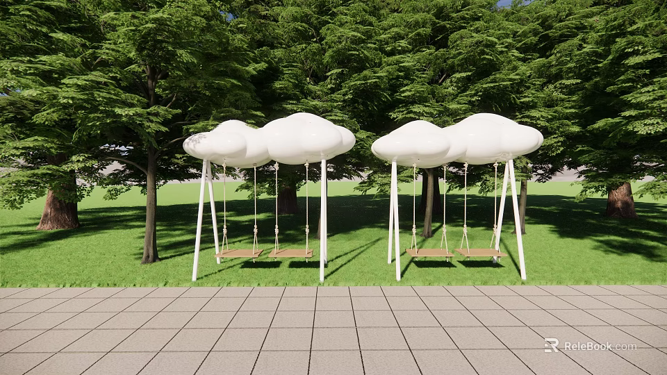 Outdoor Cloud Shaped Playground Swing Set With White Canopy And Wooden Seats In Grass Field 3d model 