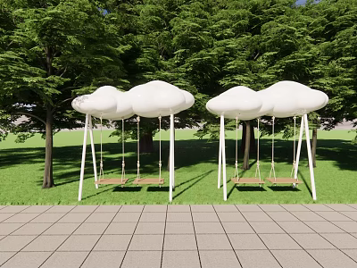Outdoor Cloud Shaped Playground Swing Set With White Canopy And Wooden Seats In Grass Field 3d model