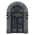 Navy Blue Double Doors With Arched Stone Frame Glass Panes And Wall Lamps