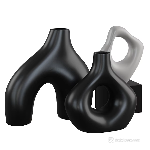 Modern Ceramic Vessels With Unique Curved Hollow Design And Black White Colors 3d model 