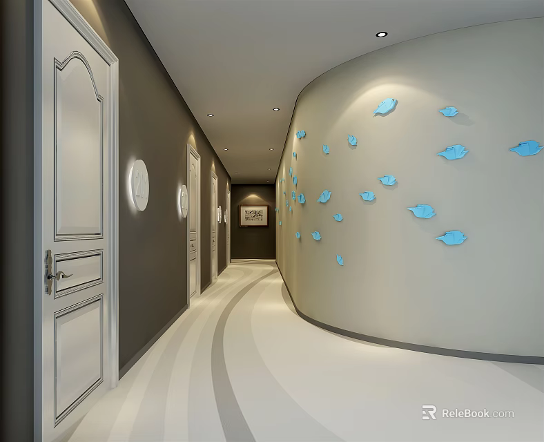 Hotel Corridor With Curved Wall Blue Fish Decorations White Doors And Light Striped Floor 3d model 