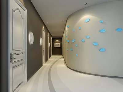 Hotel Corridor With Curved Wall Blue Fish Decorations White Doors And Light Striped Floor 3d model