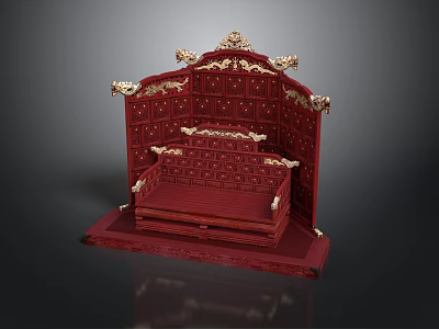 Traditional Chinese Red Carved Throne With Ornate Backrest And Armrests 3d model