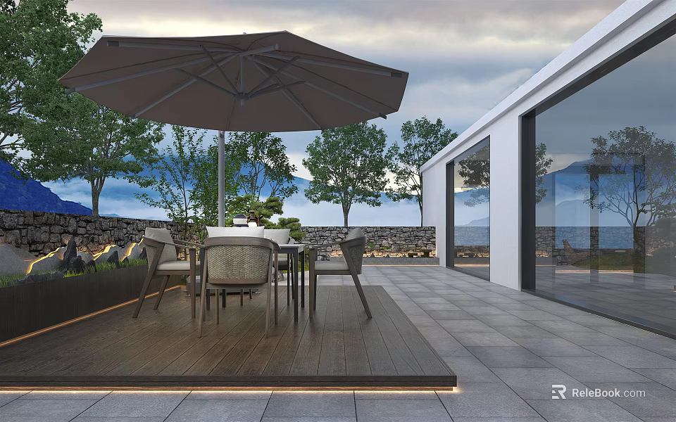 Serene Outdoor Garden Landscape With Patio Dining Set Umbrella Trees And Mountain View 3d model 