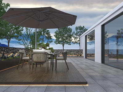 Serene Outdoor Garden Landscape With Patio Dining Set Umbrella Trees And Mountain View 3d model