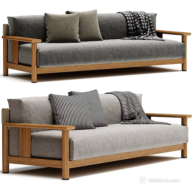 Gray Two Seater Sofa With Wooden Armrests And Decorative Pillows Blanket 3d model 