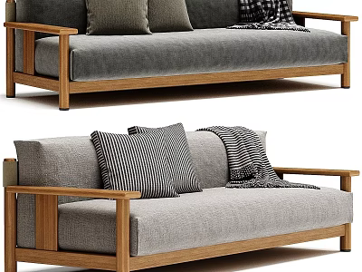 Gray Two Seater Sofa With Wooden Armrests And Decorative Pillows Blanket 3d model