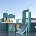 Modern Forest Adventure Playground Equipment with Green Structures Slide Platforms and White Rabbit Figures
