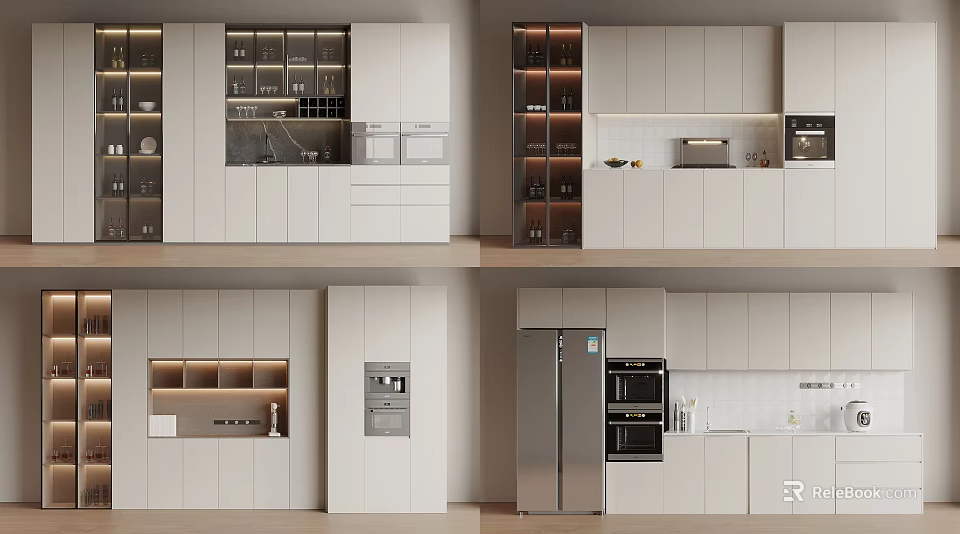 Modern White Kitchen Interior With Built in Appliances Open Shelves And Cabinets 3d model 