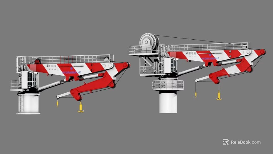 Industrial Crane Equipment With Red White Boom Rotating Platform And Hoisting Hooks 3d model 