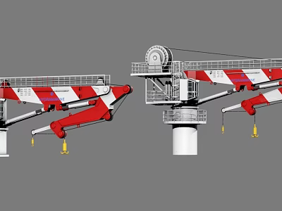 Industrial Crane Equipment With Red White Boom Rotating Platform And Hoisting Hooks 3d model