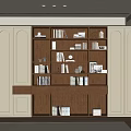 Modern Built In Wooden Bookcase With Books Decorative Items And Frames Against Beige Paneled Walls