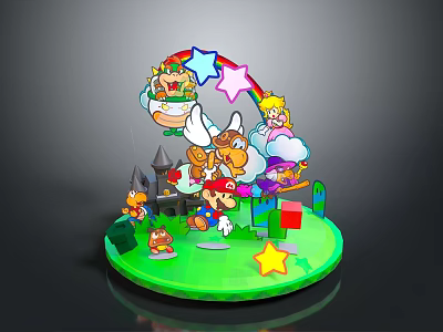 Colorful Cartoon Themed Decorative Scene With Rainbow Stars Castle On Green Circular Base 3d model
