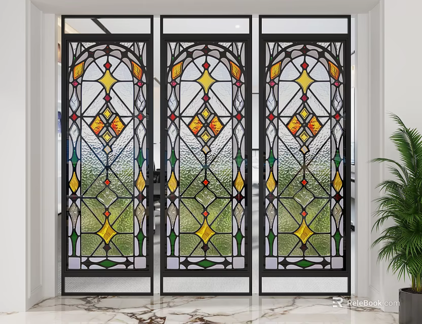 Three Panel Decorative Stained Glass Screen With Colorful Geometric Patterns 3d model
