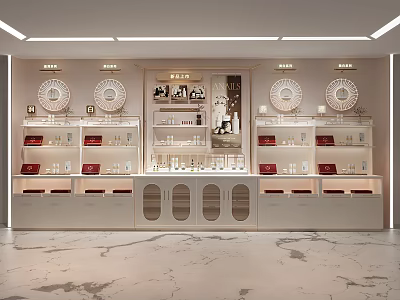 Elegant Modern Cosmetics Store Interior With White Shelves And Red Box Products 3d model