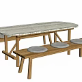 Elegant Oval Dining Table Set With Marble Top Wooden Legs And Gray Cushioned Benches