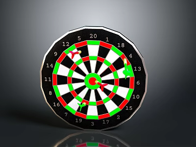 Classic Dartboard With Red Green White Sections And Darts Stuck In Target 3d model