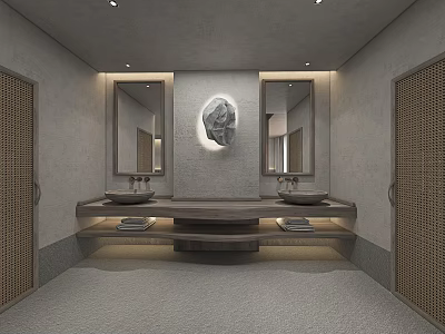 Modern Minimalist Public Restroom With Double Vanity Mirrors Stone Countertop Light Strips And Lattice Doors 3d model