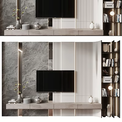 Modern TV Stand With Marble Accent Wall And Built In Bookshelves And Decorative Vases 3d model