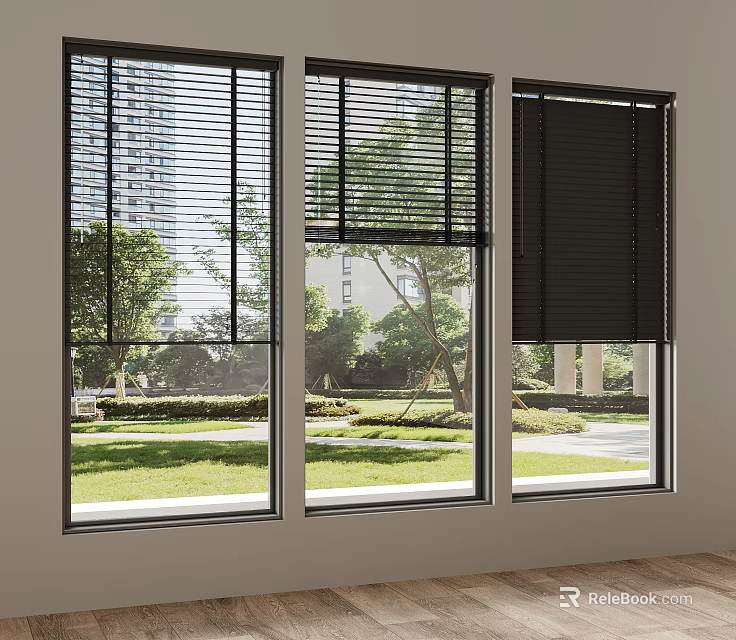 Room Interior With Three Windows Blinds And Outdoor Green Tree Grass View 3d model 