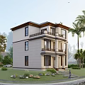 Modern Three Story Detached Villa Exterior With Lush Greenery And Palm Trees