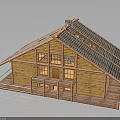Wooden Log Cabin Building With Log Structure Solar Panel Roof And Front Porch With Railings