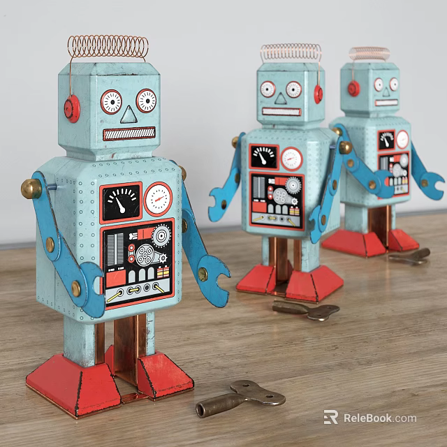 Vintage Robot Decorative Figurine Set With Blue Red Accents On Wooden Tabletop 3d model 